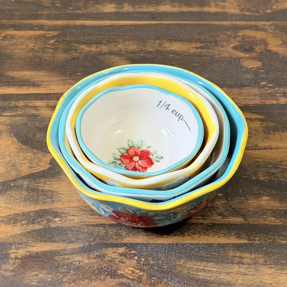 Pioneer Woman Vintage Floral Measuring Cups Set 4 Ceramic Nesting Discontinued